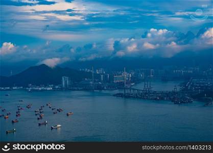 Hong Kong - April 25, 2020: Panorama of Victoria Harbor of Hong Kong city, cityscape with skyscraper