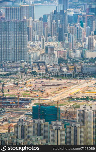 Hong Kong, China - August, 2019: bird&rsquo;s eye view of Hong Kong at dusk