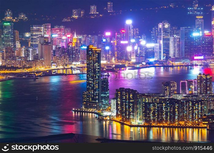 Hong Kong, China - August, 2019 : Hong Kong cityscape at night, sky scraper building