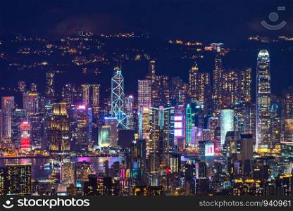 Hong Kong, China - August, 2019 : Hong Kong cityscape at night, sky scraper building