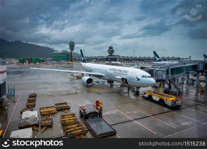 Hong Kong, China - July 31, 2019: Cathay Pacific Boeing 777-300ER airplane at Hong Kong airport (HKG) in China.