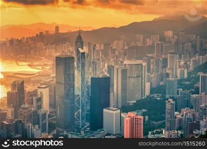 Hong Kong city skyline at sunrise view from Peak mountain.