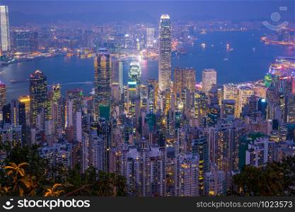 Hong Kong city skyline with landmark buildings at night in Hong Kong.