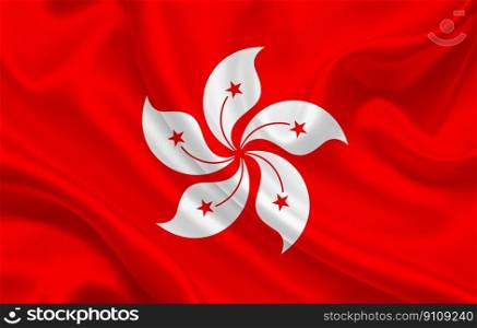Hong Kong country flag on wavy silk fabric background panorama - illustration. Hong Kong country flag on wavy silk fabric background panorama