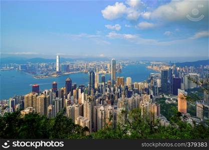 Hong Kong Downtown from Victoria Peak. Financial district and business centers in smart city and technology concept. skyscraper and high-rise office buildings with blue sky.