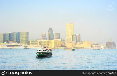 Hong Kong ferry from Kowloon island. Panorama of Kowloon Bay