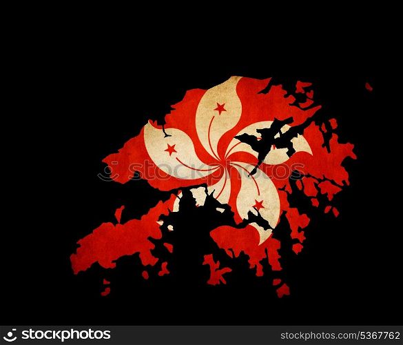 Hong Kong flag and map on grunge texture illustration