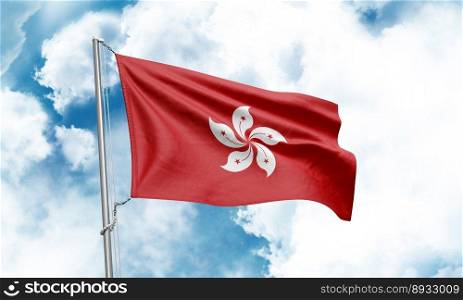 Hong Kong flag waving on sky background. 3D Rendering