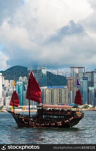 Hong Kong harbour with Aqua Luna ship