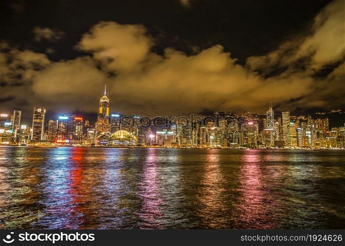 Hong Kong night view seen from the Victoria Harbor. Shooting Location: Hong Kong Special Administrative Region