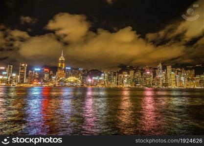 Hong Kong night view seen from the Victoria Harbor. Shooting Location: Hong Kong Special Administrative Region