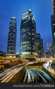 Hong Kong skyline at central business district with light trail on the evening, Hong Kong, China.. Hong Kong skyline at central business district with light trail.