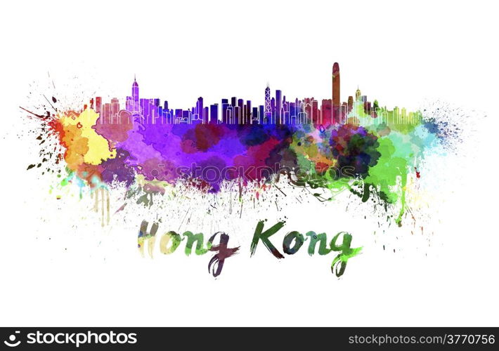 Hong Kong skyline in watercolor splatters with clipping path. Hong Kong skyline in watercolor