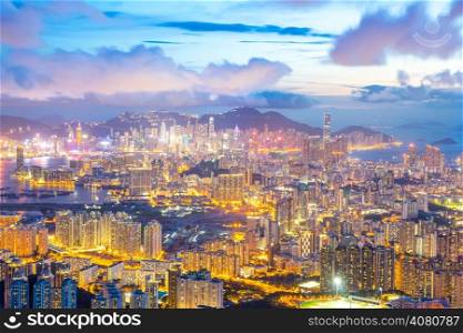 Hong Kong Skyline Kowloon from Fei Ngo Shan hill at dusk