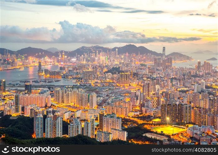Hong Kong Skyline Kowloon from Fei Ngo Shan hill sunset