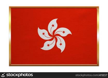 Hong Kongese official flag. Patriotic chinese symbol, banner, element, background. Hong Kong is special region of PRC. Correct color. Flag of Hong Kong golden frame texture illustration. Accurate size