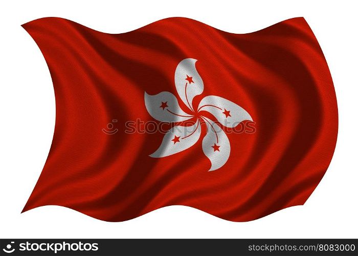 Hong Kongese official flag. Patriotic chinese symbol, banner, element, background. Hong Kong is special region of PRC. Correct colors. Flag of Hong Kong wavy on white, fabric texture, 3D illustration