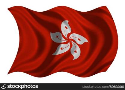 Hong Kongese official flag. Patriotic chinese symbol, banner, element, background. Hong Kong is special region of PRC. Correct colors. Flag of Hong Kong wavy on white, fabric texture, 3D illustration