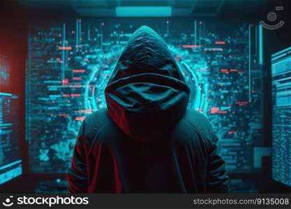Hooded Hacker Attack Computers with Virus and Ransomwarer Created with Ge≠rative AI Technology