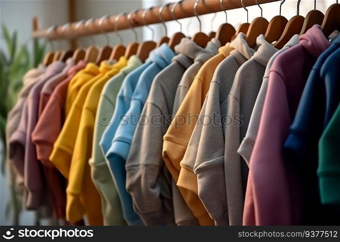 Hoodies of different colors hang on a hanger in the closet. Hoodies of different colors hang on a hanger