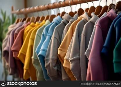 Hoodies of different colors hang on a hanger in the closet. Hoodies of different colors hang on a hanger
