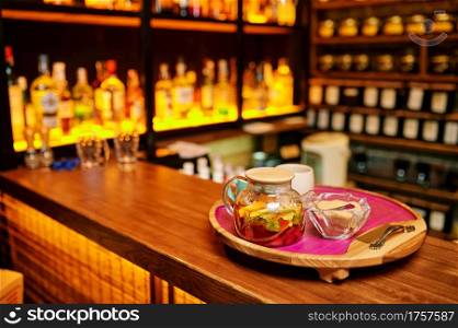 Hookah bar counter, tonic drinks, nobody. Shisha smoking equipment, traditional smoke culture, tobacco aroma for relaxation. Hookah bar counter, tonic drinks, nobody