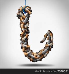 Hooked on smoking and cigarette nicotine temptation as a group of tobacco products shaped as a fishing hook as a health risk symbol for trapping a possible smoker into possible addiction danger as a 3D illustration.