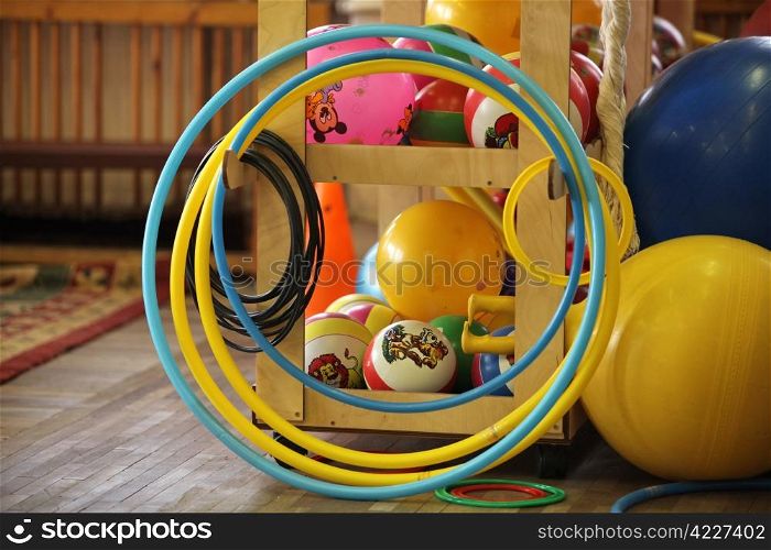 Hoops ball sports equipment in the gymnastics hall. Sports equipment