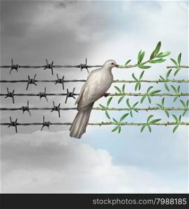 Hope concept as a dove perched on barbed wire transforming into an olive branch as a symbol for good will towards man and a respect for humanity and the globe as a new year or holiday greeting with a wish and dream of a safer world.