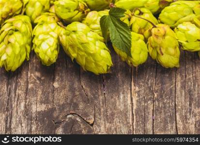 Hops with green leaf on a wooden background with copy space. The hops heap