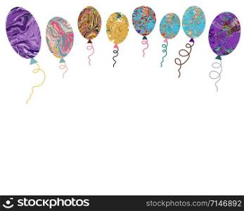 Horisontal banner with colorful marble texture balloons. Festive ornament isolated on white background. Vector illustration.. Horisontal banner with colorful marble texture balloons.