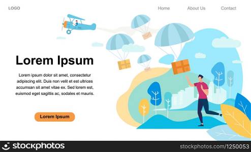 Horizontal Banner with Copy Space. Man Character Ordered Express Delivery. Parachutes Falling Down with Parcels on Colorful Nature Background. Express Postal Service Cartoon Flat Vector Illustration. Man Character Ordered Express Delivery. Parachutes