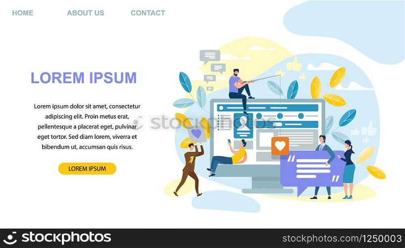 Horizontal Banner with Copy Space. People Communicate via Internet Using Mobile App. Guys and Girls Messaging in Social Media Application on Big Monitor Background Cartoon Flat Vector Illustration. People Communicate via Internet Using Mobile App.
