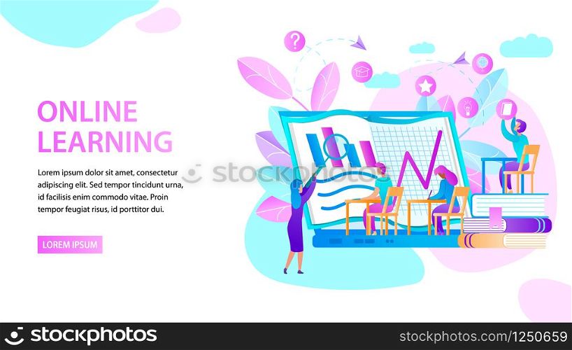 Horizontal Banner with Students Sit at Desk and Watch on Big Laptop Screen with Graphs. Female Teacher Hold Magnifier and Explain Lesson. Online Learning. Clouds, Copy Space. Flat Vector Illustration.. Online Learning. Horizontal Banner. Study People