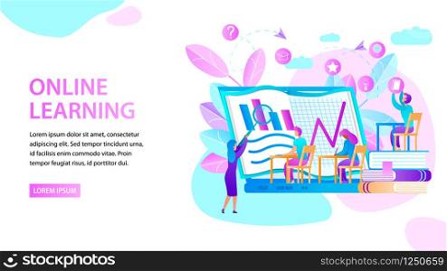 Horizontal Banner with Students Sit at Desk and Watch on Big Laptop Screen with Graphs. Female Teacher Hold Magnifier and Explain Lesson. Online Learning. Clouds, Copy Space. Flat Vector Illustration.. Online Learning. Horizontal Banner. Study People