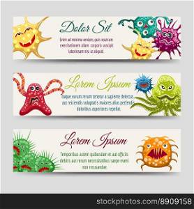 Horizontal banners with monsters or microbes. Horizontal banners template with colorful emotional monsters or microbes. Vector illustration