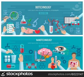Horizontal Biotechnology And Nanotechnology Banners. Horizontal banners with elements of biotechnology and nanotechnology design collection vector illustration