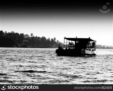 Horizontal black and white indian ferry landscape silhouette backdrop. Horizontal black and white indian ferry landscape silhouette bac