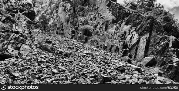 Horizontal black and white mountain landslide landscape background backdrop. Horizontal black and white mountain landslide landscape backgrou