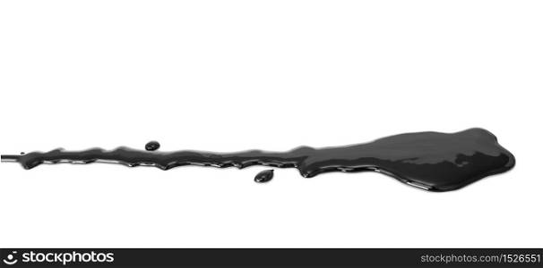 Horizontal black oil spill flowing on white background. Horizontal oil spill