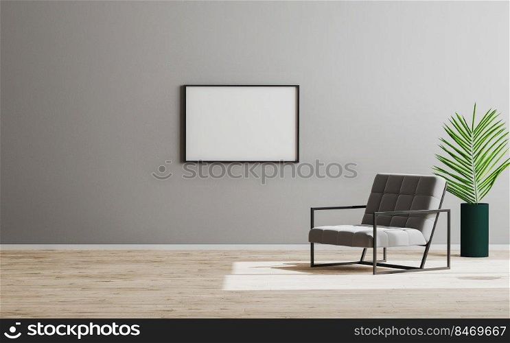 Horizontal blank empty vertical frame mock up in empty room with gray armchair and green plant, empty gray wall and wooden floor, gray room interior background, scandinavian style, 3d render