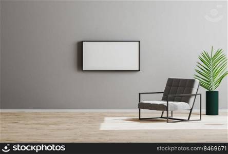 Horizontal blank empty vertical frame mock up in empty room with gray armchair and green plant, empty gray wall and wooden floor, gray room interior background, scandinavian style, 3d render