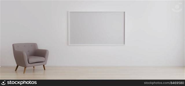 Horizontal blank picture frame in empty room with white wall and armchair on wooden parquet. Room interior with armchair and blank horizontal frame for mockup. 3d rendering