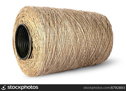 Horizontal bobbin of old dirty thread beige isolated on white background