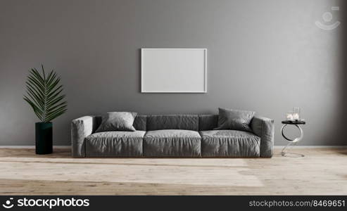 horizontal frame in bright modern living room with gray sofa, green plant and coffee table on wooden laminate. Scandinavian style, cozy interior background. Bright stylish room mock up. 3d render
