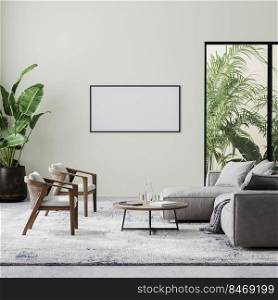 horizontal frame in modern living room interior with beige wall, gray and wooden furniture and tropical plants with palm leaves, 3d rendering