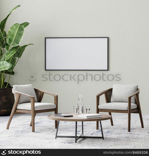 horizontal frame in room with two chairs and coffee table on rug, tropical plant in pot, empty wall, 3d rendering