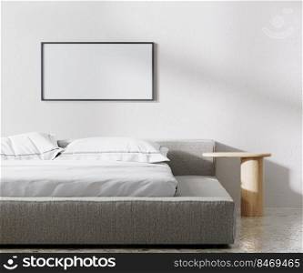 horizontal frame mock up in bedroom interior, minimalist style, white wall, 3d render