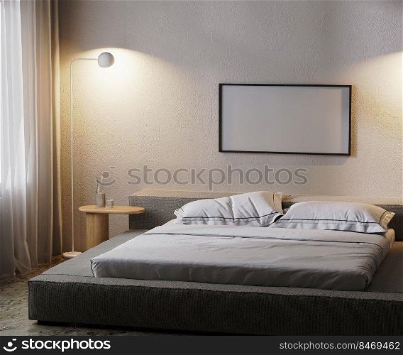 horizontal frame mock up in modern bedroom interior in dark with l&light, 3d rendering