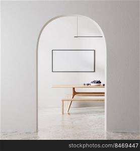 horizontal frame mock up in modern room interior in white color with arch, wooden table, 3d rendering